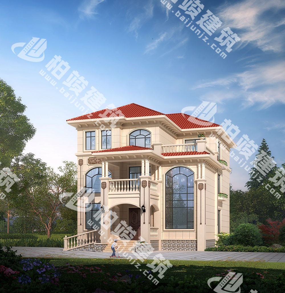 農(nóng)村三層別墅設(shè)計(jì)圖紙，簡(jiǎn)歐風(fēng)格，帶雙層落地窗、輪椅坡道