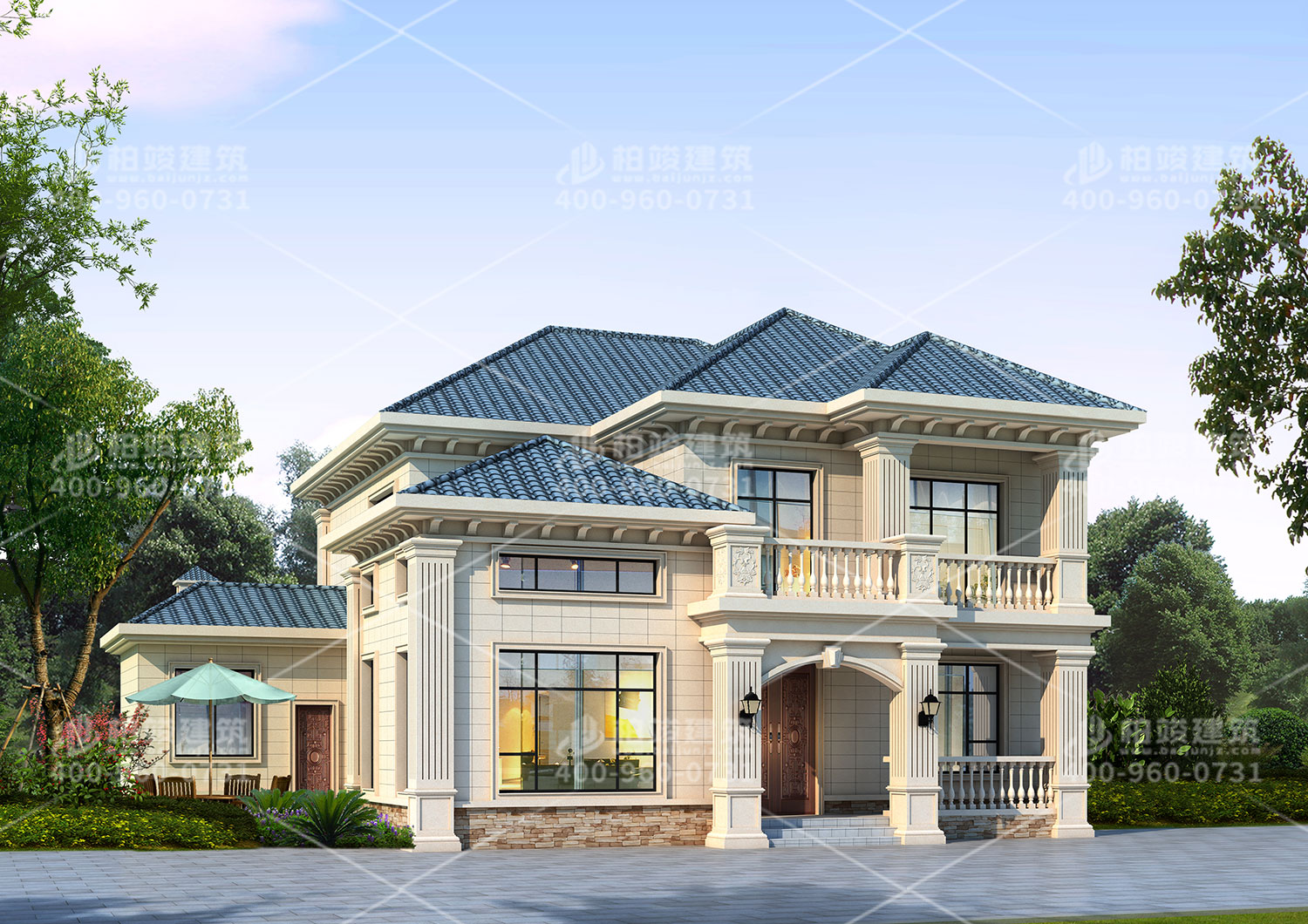 新中式別墅設(shè)計(jì)圖，帶輔房墨綠色房頂。