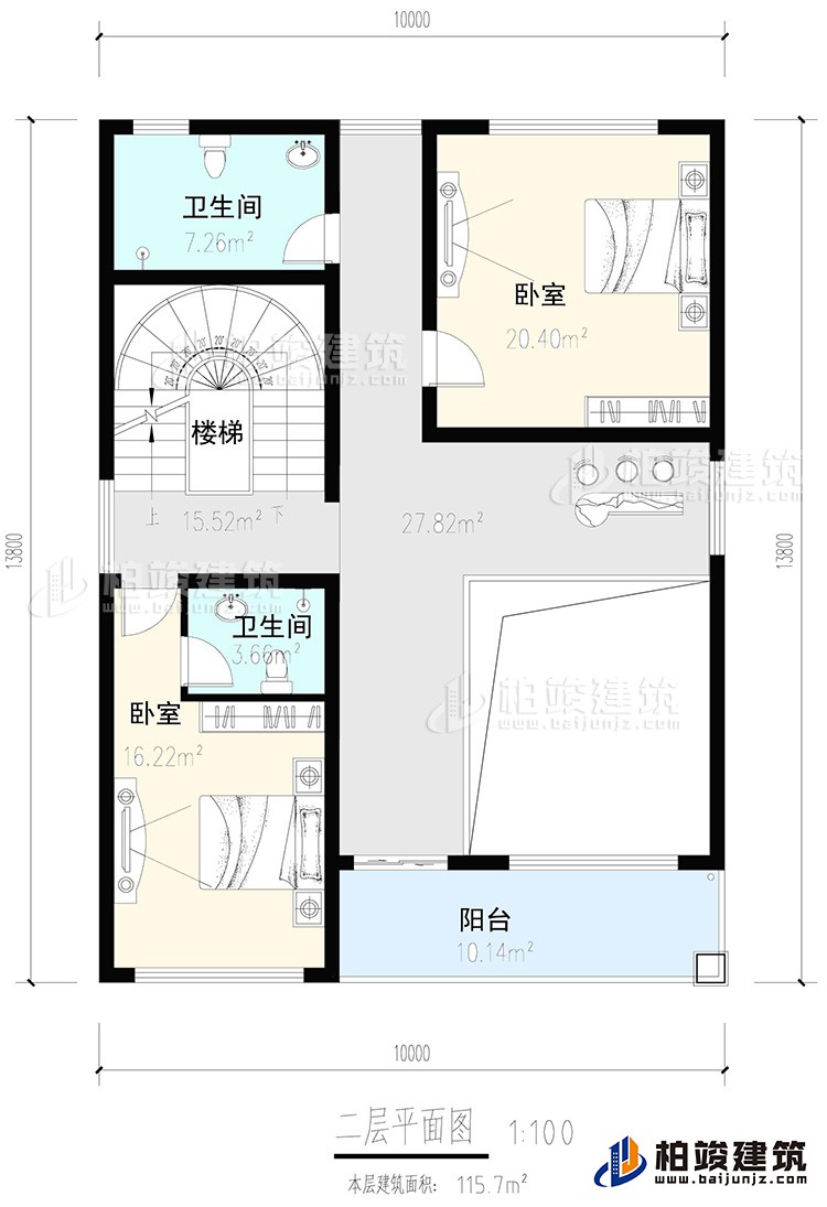 二層：2臥室，內(nèi)衛(wèi)，公衛(wèi)，樓梯，陽(yáng)臺(tái)