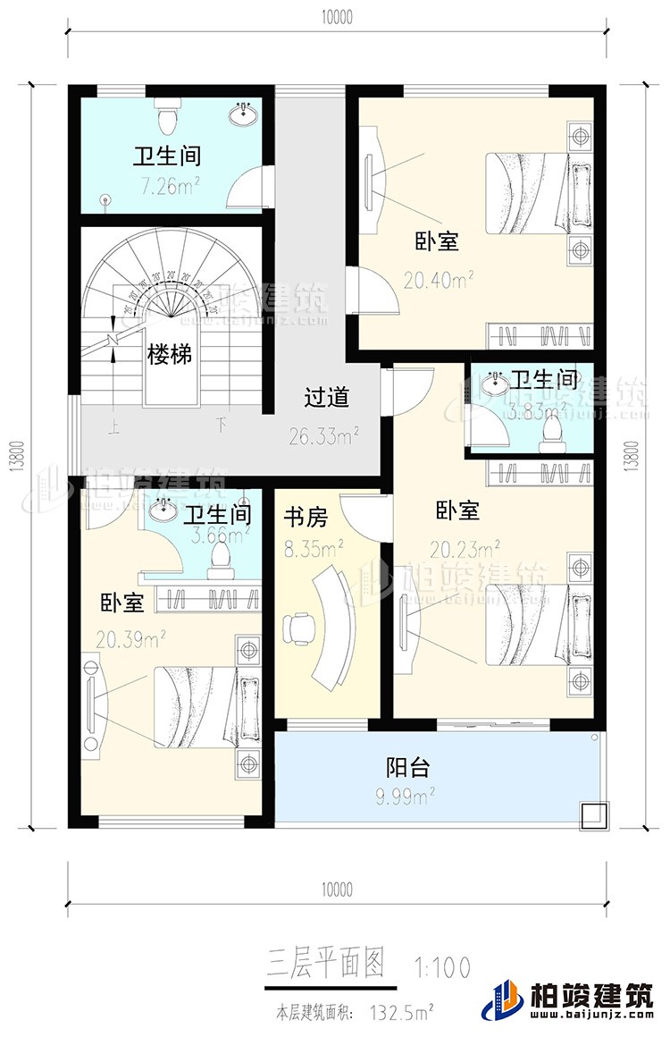 三層：3臥室，2內(nèi)衛(wèi)，公衛(wèi)，樓梯，書房，陽(yáng)臺(tái)
