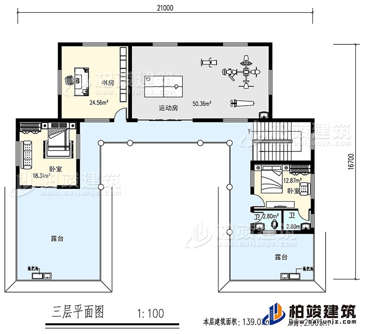 三層：書房，運(yùn)動房，2臥室，2衛(wèi)生間，露臺
