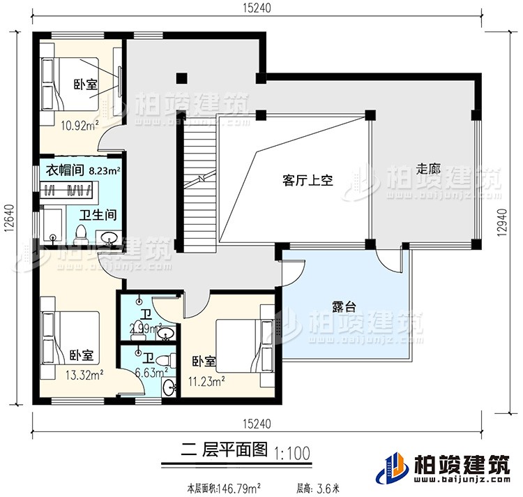 二層：3臥室，內(nèi)衛(wèi)，公衛(wèi)，起居室，樓梯，陽(yáng)臺(tái)，露臺(tái)，書房