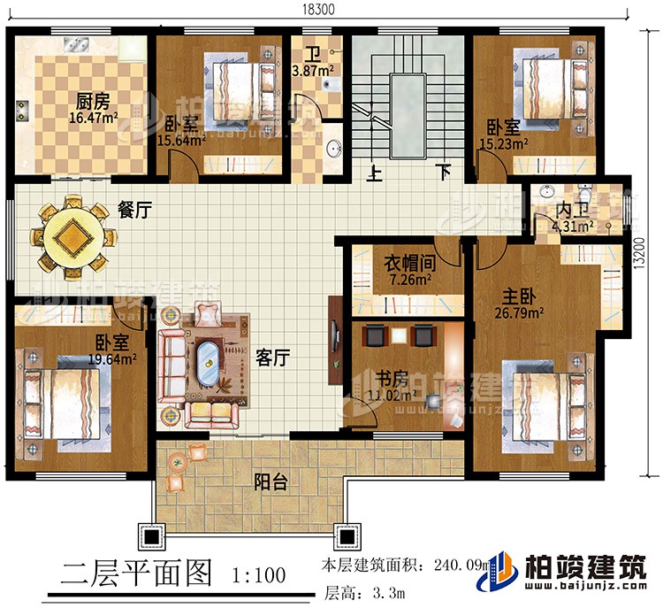 二層：4臥室，客廳，書房，衣帽間，廚房，餐廳，2衛(wèi)生間，陽臺