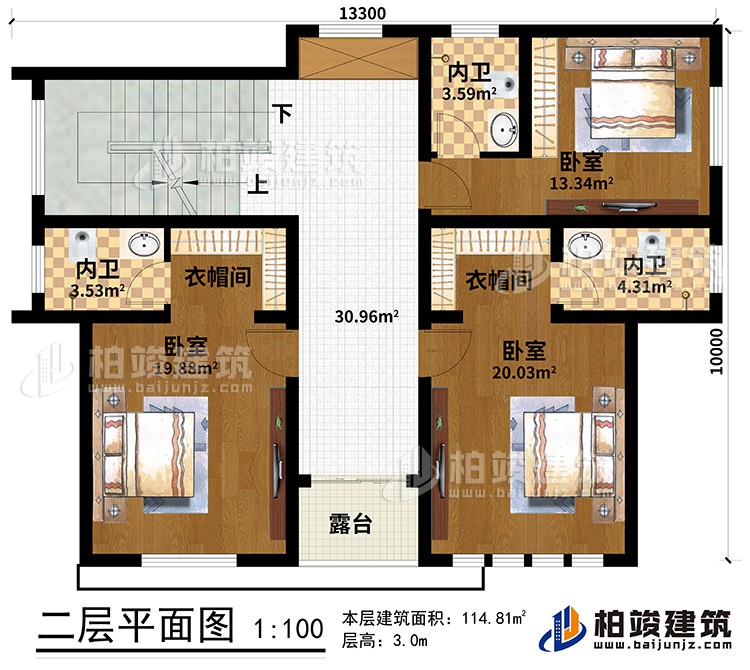 二層：3臥室、2衣帽間、3內(nèi)衛(wèi)、露臺