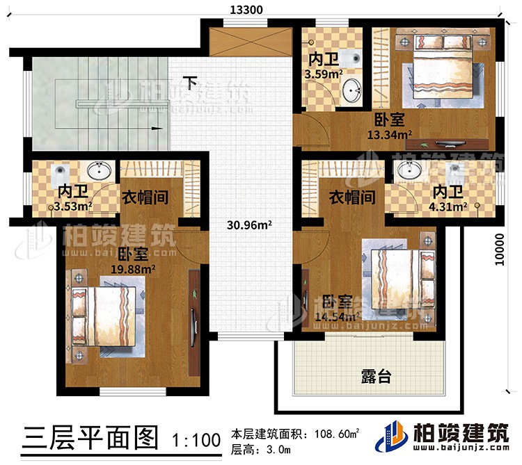 三層：3臥室、2衣帽間、3內(nèi)衛(wèi)、露臺