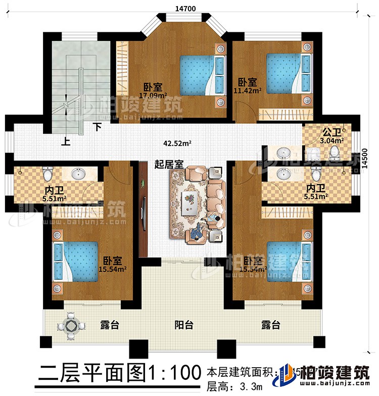 二層：2露臺、陽臺、4臥室、2內(nèi)衛(wèi)、公衛(wèi)、起居室