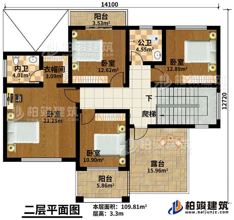 二層：4臥室，公衛(wèi)，內(nèi)衛(wèi)，2陽臺，露臺