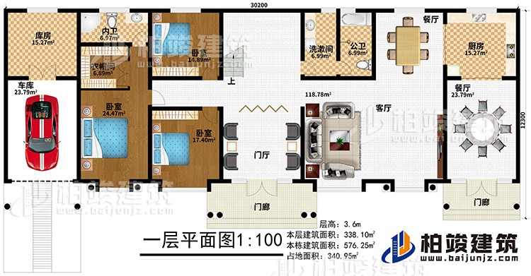 一層：2門廊、門廳、客廳、2餐廳、廚房、公衛(wèi)、洗漱間、3臥室、衣帽間、內(nèi)衛(wèi)、庫(kù)房、車庫(kù)