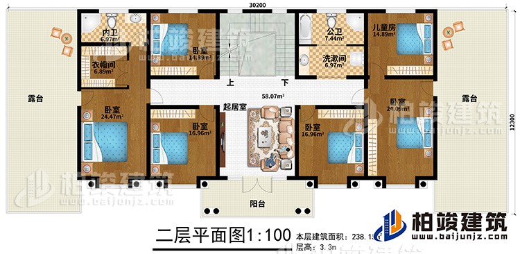 二層：5臥室、兒童房、公衛(wèi)、洗漱間、內(nèi)衛(wèi)、起居室、2露臺(tái)、陽(yáng)臺(tái)