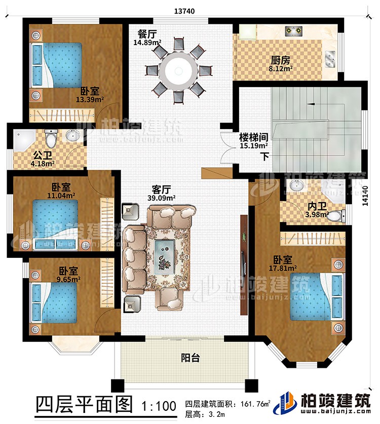 四層：陽臺、客廳、餐廳、樓梯間、廚房、4臥室、公衛(wèi)、內(nèi)衛(wèi)