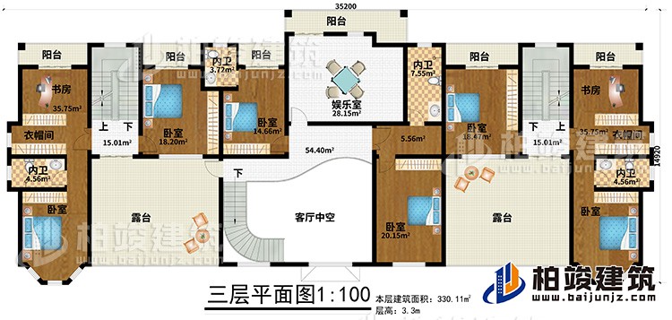 三層：6臥室、2衣帽間、2書房、4內(nèi)衛(wèi)、娛樂室、6陽臺(tái)、2露臺(tái)、客廳中空