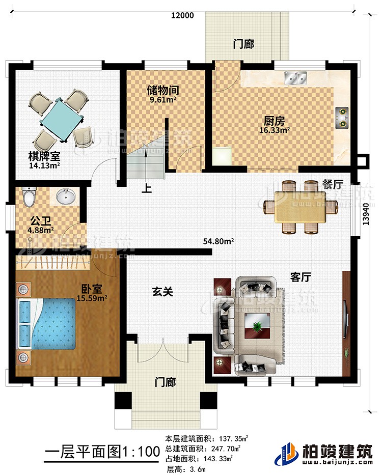 一層：2門廊、玄關(guān)、客廳、餐廳、廚房、儲(chǔ)物間、棋牌室、公衛(wèi)、臥室