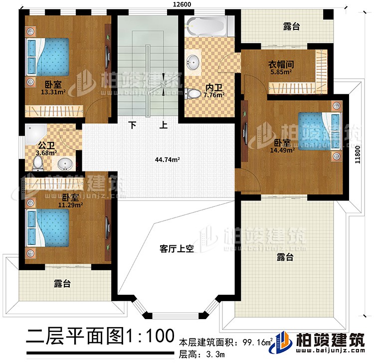二層：3臥室，衣帽間、公衛(wèi)、內(nèi)衛(wèi)、3露臺(tái)、客廳上空