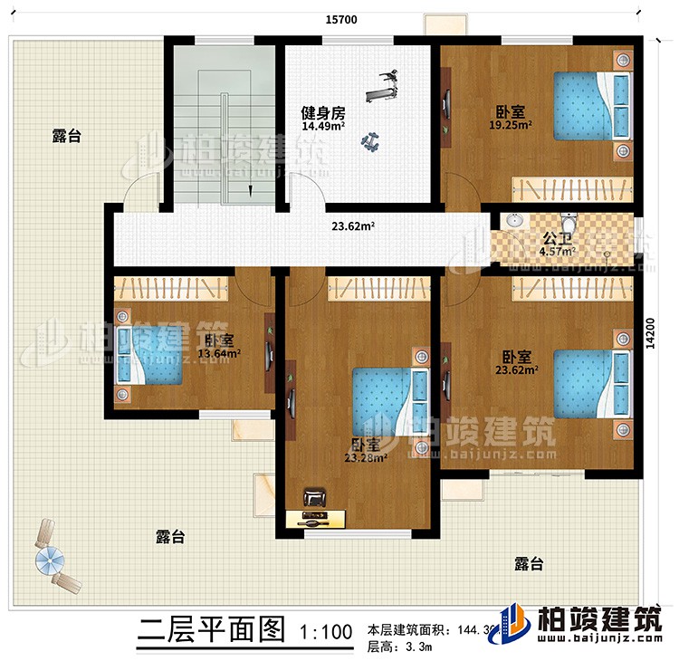 二層：4臥室，公衛(wèi)，健身房，露臺