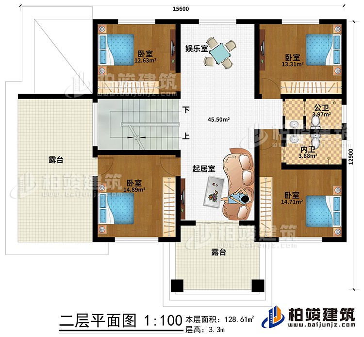 二層：4臥室，內(nèi)衛(wèi)，公衛(wèi)，起居室，樓梯，棋牌室，2露臺