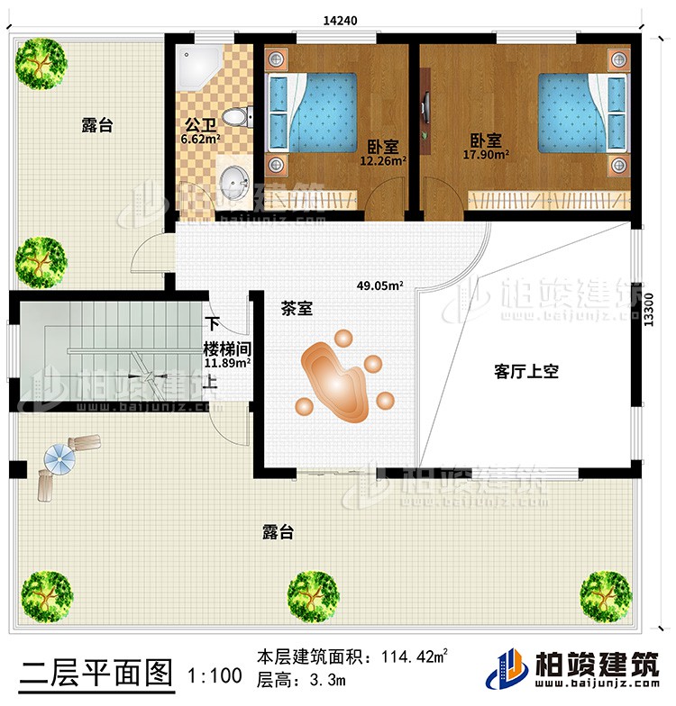 二層：客廳上空、茶室、樓梯間、2臥室、公衛(wèi)、2露臺