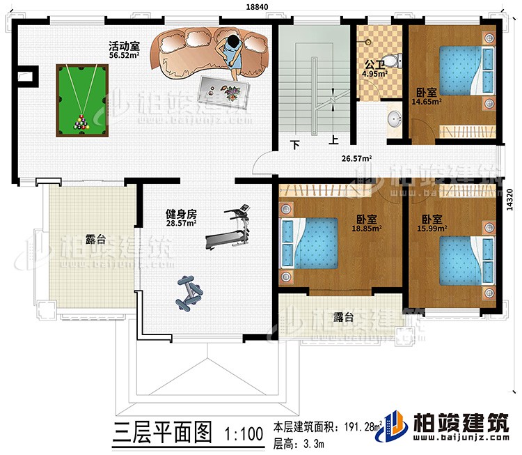 三層：健身房、活動室、3臥室、公衛(wèi)、２露臺