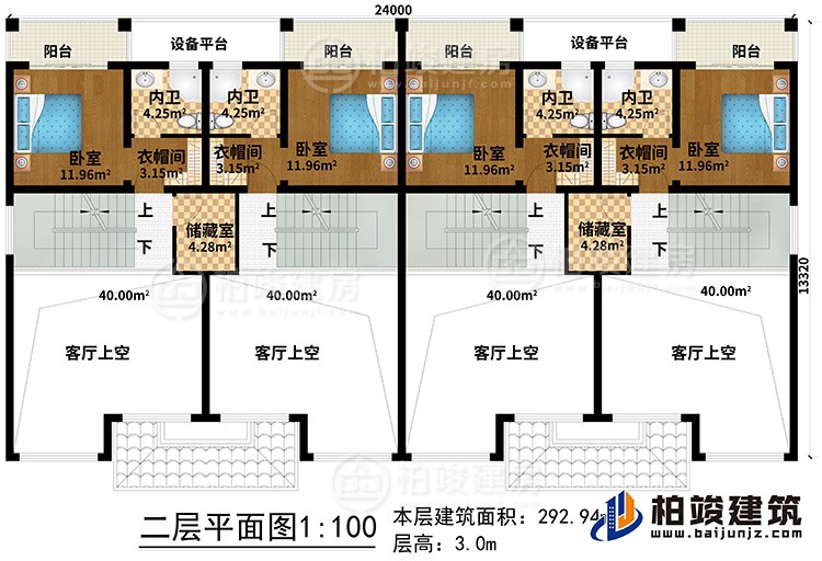 二層：4客廳上空、2儲藏室、4臥室、4衣帽間、4內(nèi)衛(wèi)、4陽臺