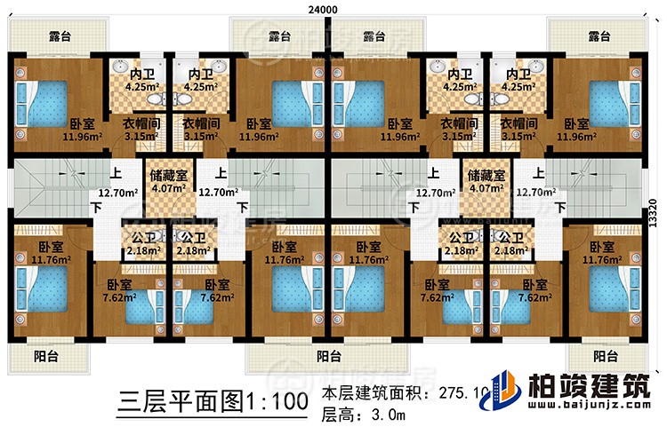 三層：12臥室、4公衛(wèi)、4內(nèi)衛(wèi)、2儲藏室、4衣帽間、3陽臺、4露臺