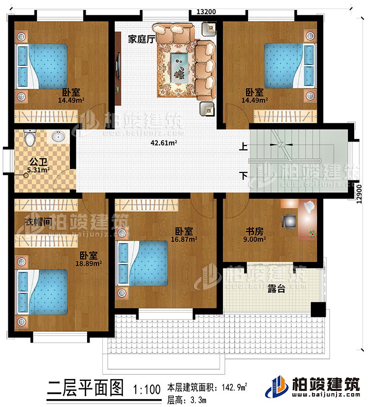 二層：4臥室、公衛(wèi)、衣帽間、書房、露臺、家庭廳