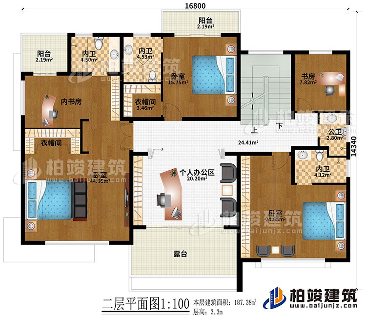 二層：3臥室、2衣帽間、3內(nèi)衛(wèi)、內(nèi)書房、書房、個(gè)人辦公區(qū)、公衛(wèi)、2陽臺(tái)、露臺(tái)