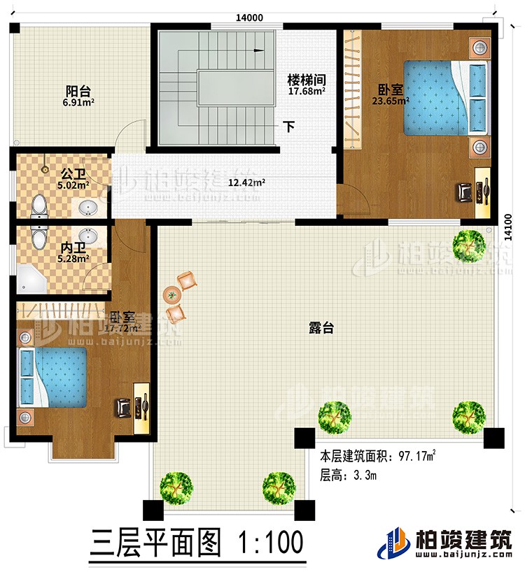 三層：2臥室、樓梯間、公衛(wèi)、內(nèi)衛(wèi)、陽(yáng)臺(tái)、露臺(tái)