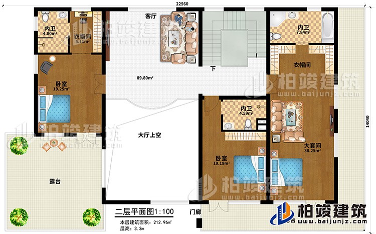二層：客廳，大套間帶內(nèi)衛(wèi)和衣帽間，單間帶內(nèi)衛(wèi)，中套間帶內(nèi)衛(wèi)和衣帽間，2露臺，樓梯