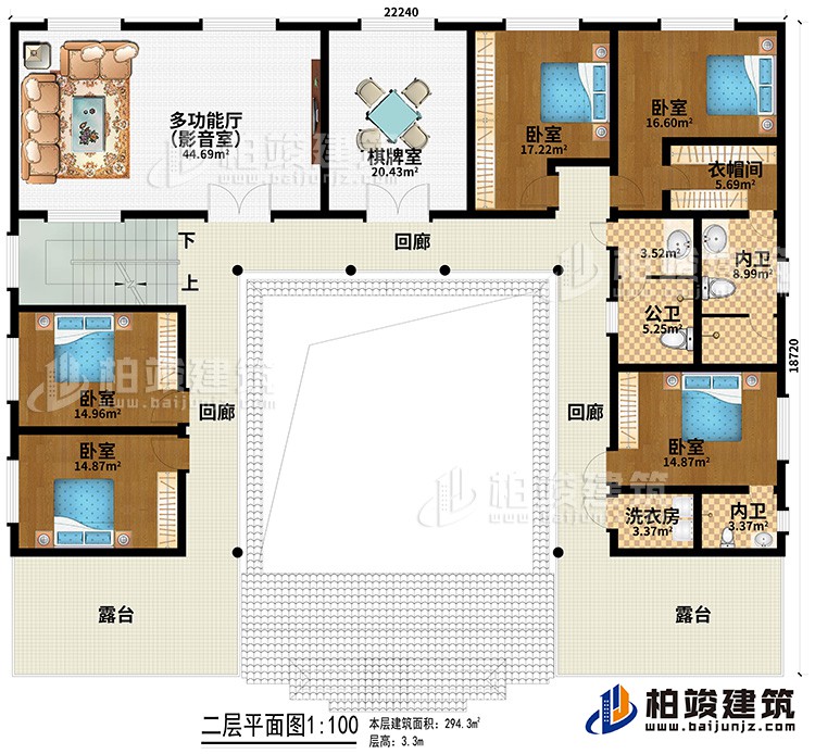 二層：多功能廳（影音室）、棋牌室、5臥室、衣帽間、公衛(wèi)、2內(nèi)衛(wèi)、洗衣房、3回廊、2露臺