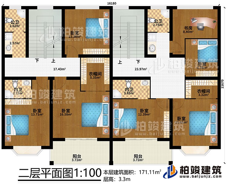 二層：2衣帽間、2內(nèi)衛(wèi)、2公衛(wèi)、書房、6臥室、2陽臺(tái)