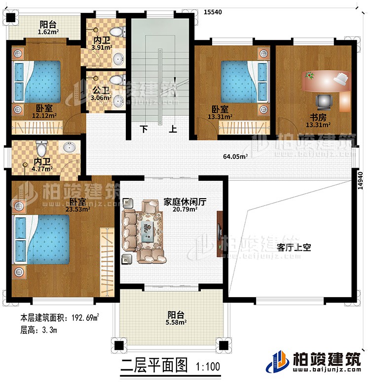 二層：客廳上空、2陽臺、3臥室、書房、2內(nèi)衛(wèi)、公衛(wèi)、家庭休閑廳
