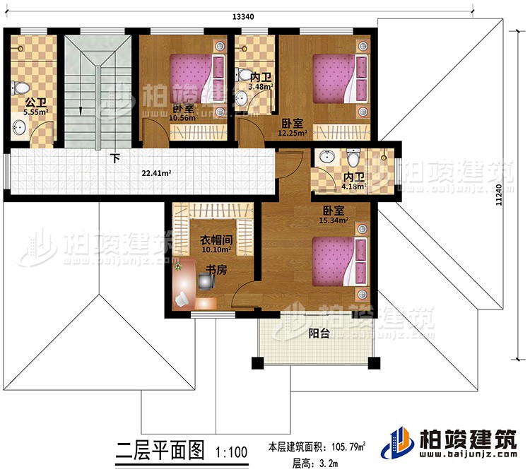 二層：3臥室，3衛(wèi)，客廳，陽臺，衣帽間/書房