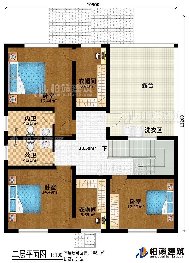 二層：3臥室、2衣帽間、公衛(wèi)、內衛(wèi)、洗衣區(qū)、露臺