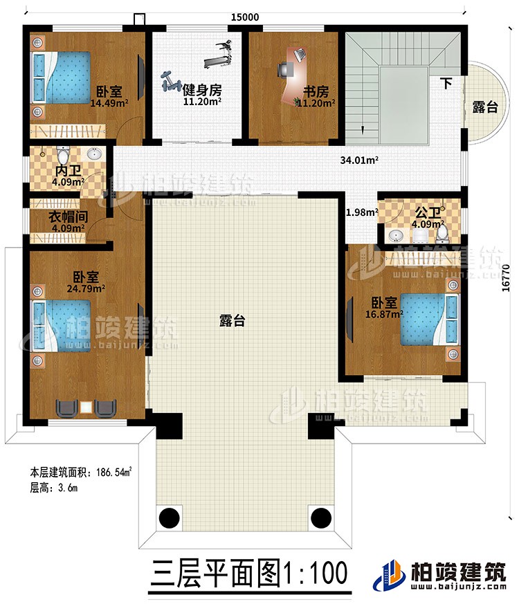 三層：3臥室、健身房、衣帽間、內(nèi)衛(wèi)、公衛(wèi)、健身房、書房、2露臺(tái)