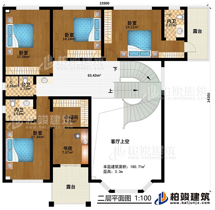 二層：客廳上空，4臥室，衣帽間，2內(nèi)衛(wèi)，公衛(wèi)，2露臺