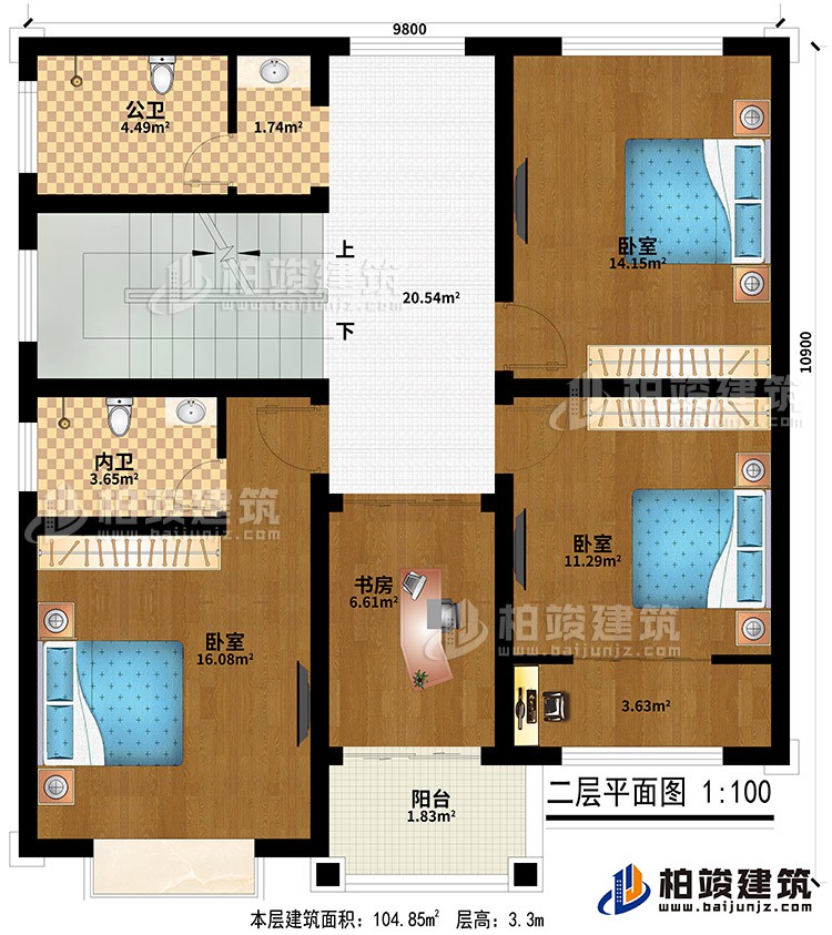 二層：3臥室、公衛(wèi)、內(nèi)衛(wèi)、書房、陽臺