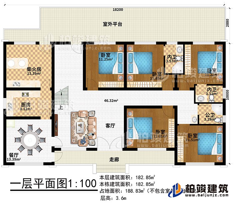 一層：走廊、客廳、餐廳、廚房、柴火房、室外平臺(tái)、5臥室、2內(nèi)衛(wèi)、公衛(wèi)