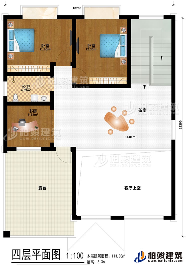 四層：2臥室、茶室、公衛(wèi)、書房、客廳上空、露臺
