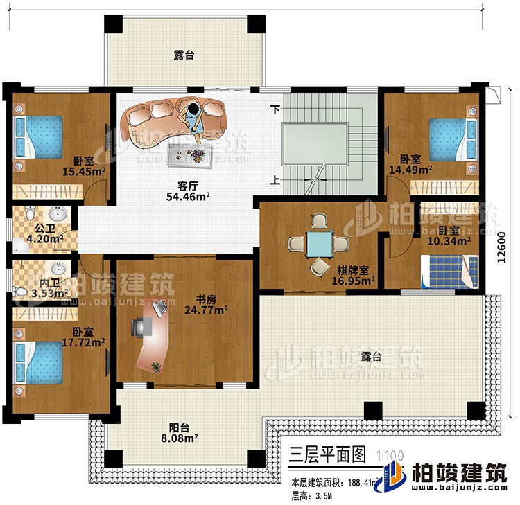 三層：客廳、4臥室、書房、棋牌室、內(nèi)衛(wèi)、公衛(wèi)、陽臺(tái)、2露臺(tái)