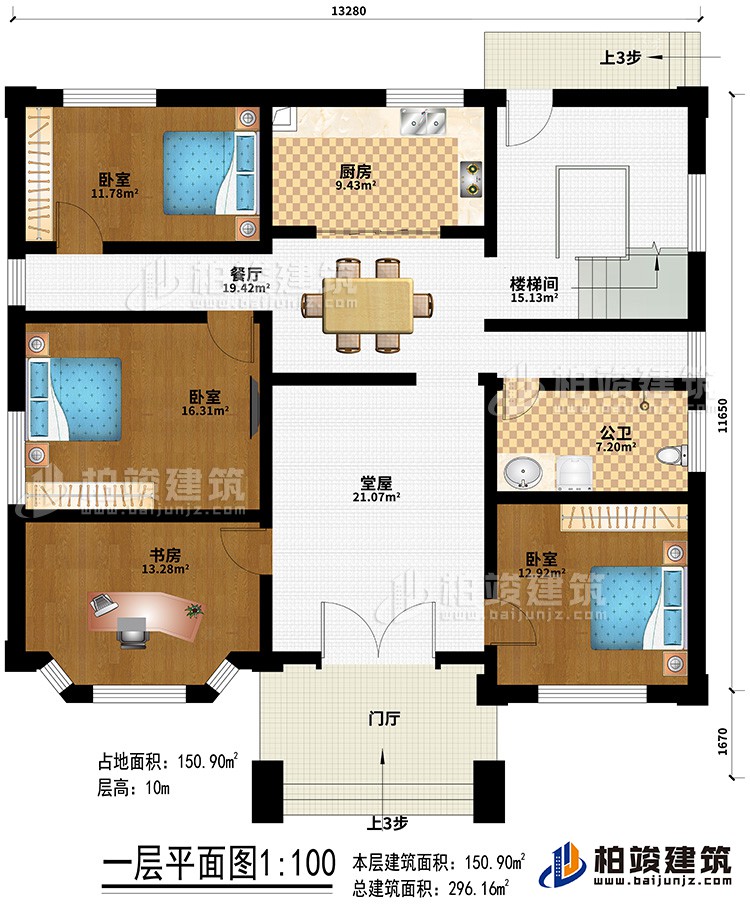 一層：門廳、堂屋、餐廳、廚房、樓梯間、3臥室、書房、公衛(wèi)