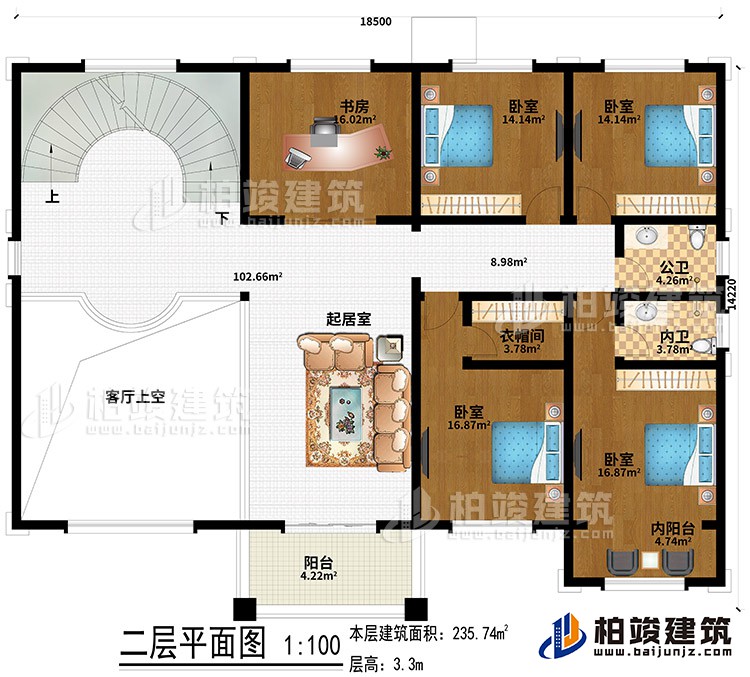 二層：4臥室、起居室、書房、客廳上空、衣帽間、內(nèi)陽臺、陽臺、公衛(wèi)、內(nèi)衛(wèi)