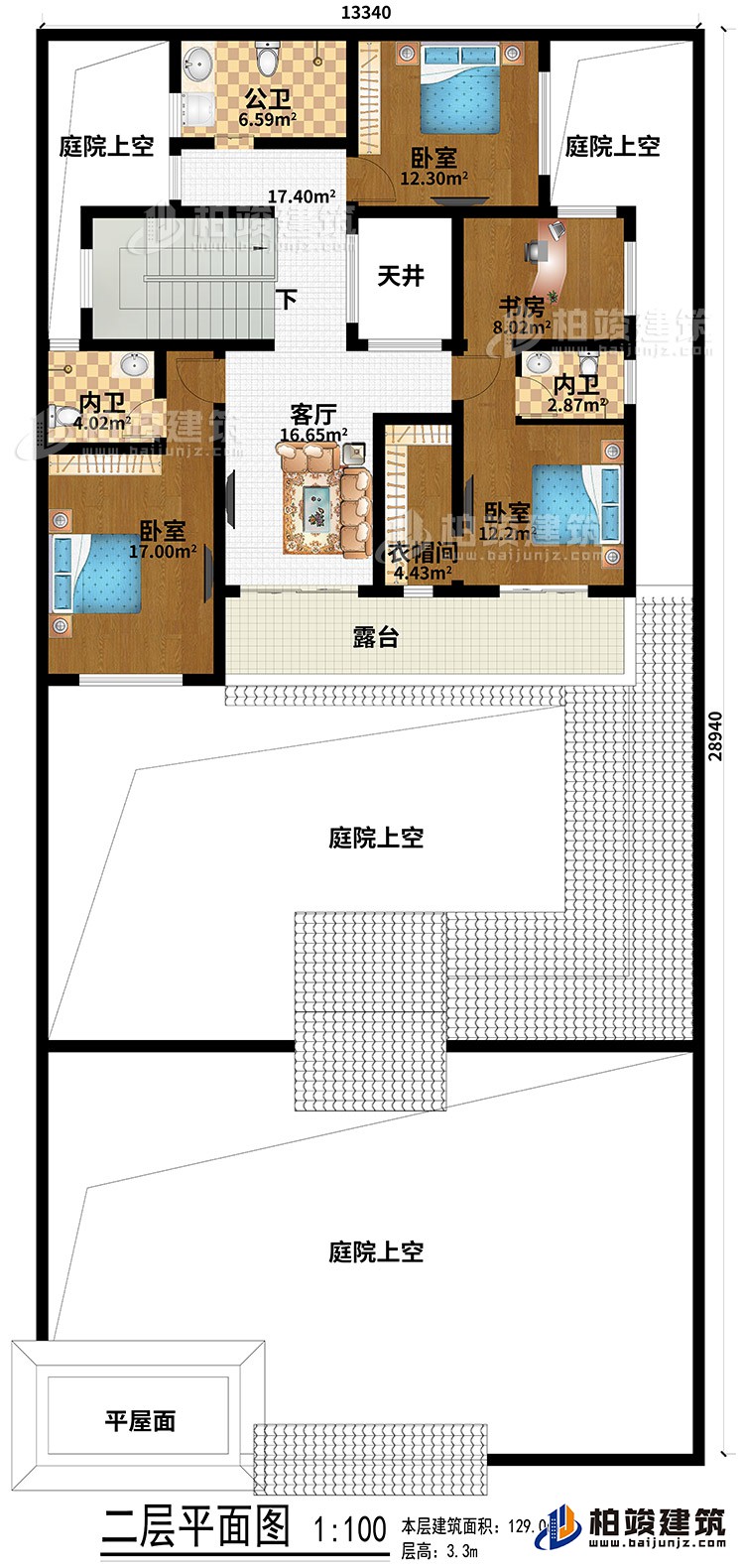 二層：平屋面、4庭院上空、3臥室、客廳、天井、衣帽間、書房、公衛(wèi)、2內(nèi)衛(wèi)