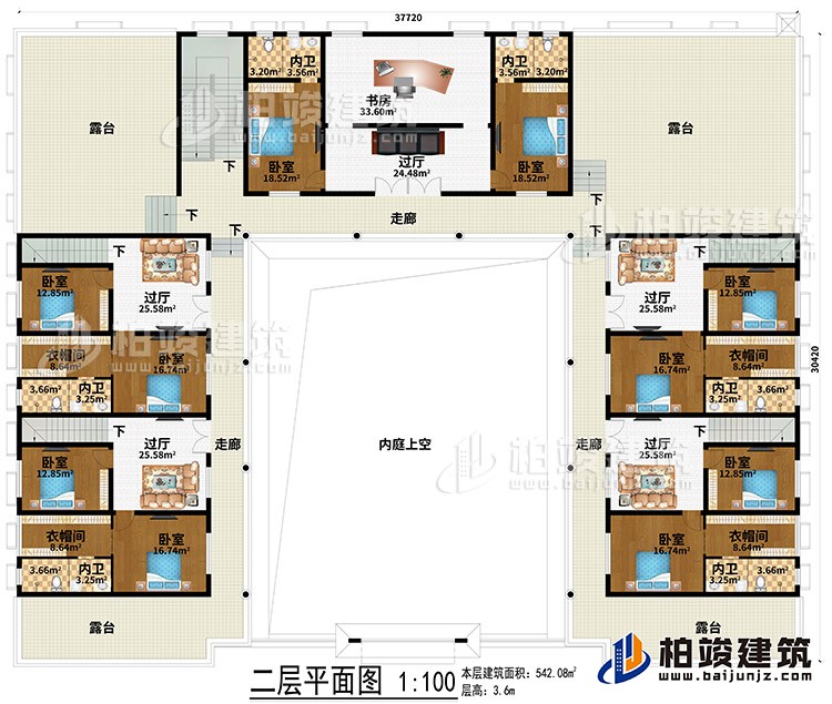 二層：內(nèi)庭上空、5過廳、書房、3走廊、4露臺、10臥室、4衣帽間、6內(nèi)衛(wèi)