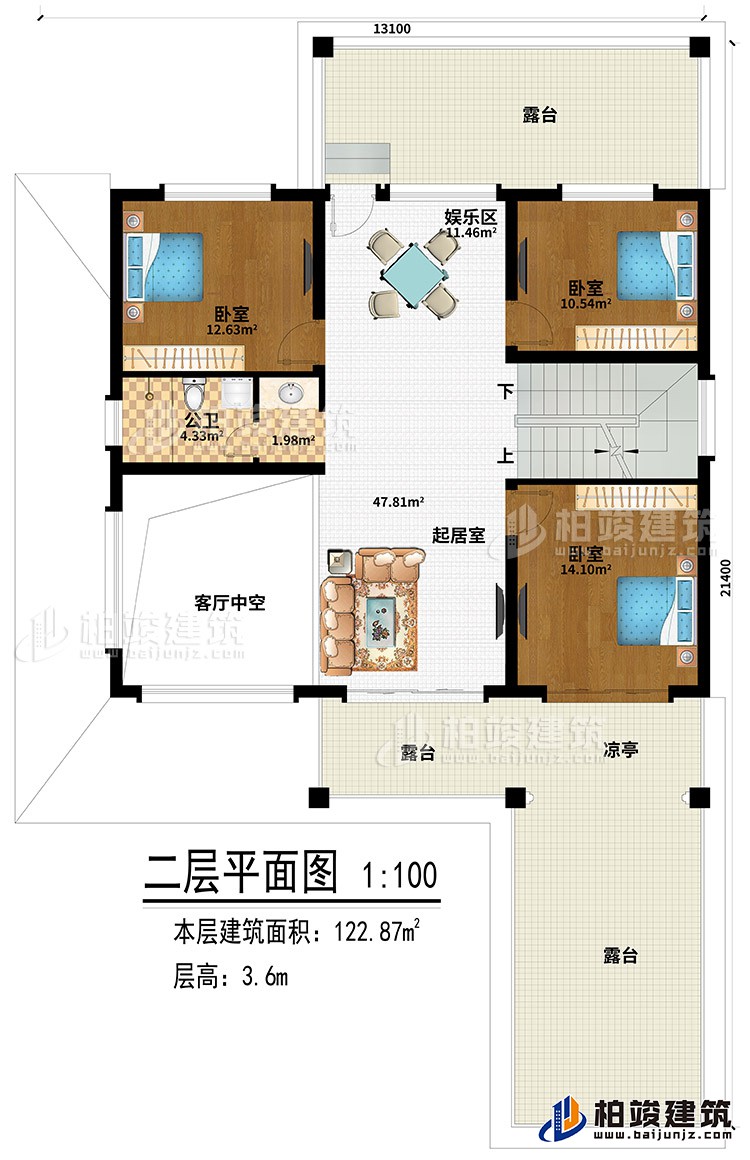 二層：3臥室、起居室、娛樂(lè)區(qū)、3露臺(tái)、涼亭、客廳中空、公衛(wèi)