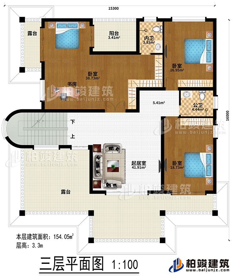 三層：起居室、3臥室、書房、公衛(wèi)、內(nèi)衛(wèi)、陽臺、2露臺
