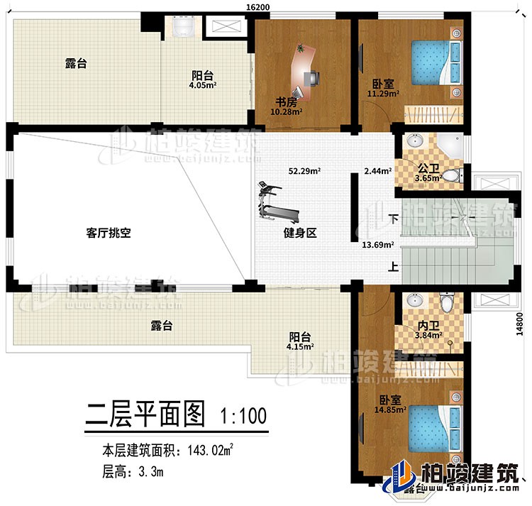 二層：健身區(qū)、客廳挑空、書房、2臥室、公衛(wèi)、內(nèi)衛(wèi)、2陽臺(tái)、3露臺(tái)