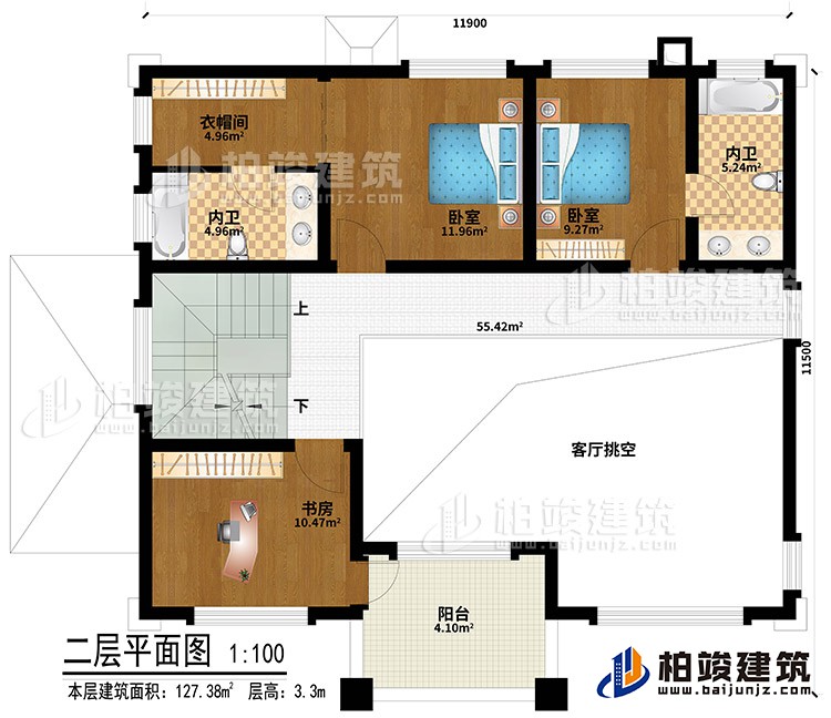 二層：客廳挑空、2臥室、衣帽間、書房、2內(nèi)衛(wèi)、陽臺