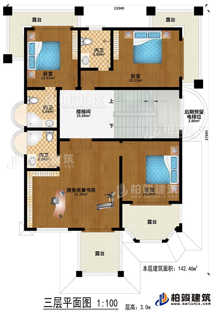 三層：樓梯間、健身房兼書房、3臥室、3內(nèi)衛(wèi)、后期預留電梯位、4露臺