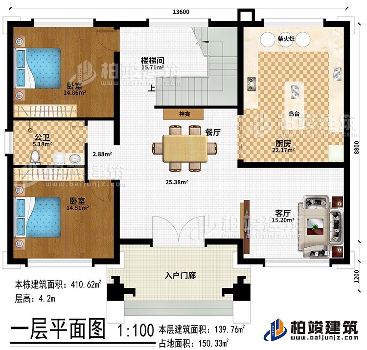 一層：入戶門廊、客廳、餐廳、廚房、神龕、島臺、柴火灶、樓梯間、公衛(wèi)、2臥室