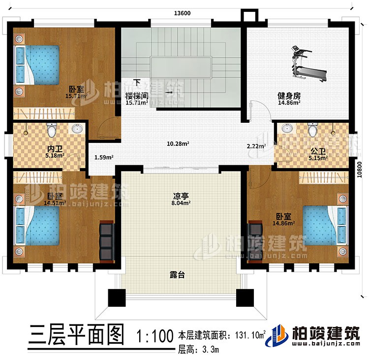 三層：樓梯間、健身房、3臥室、公衛(wèi)、內(nèi)衛(wèi)、涼亭、露臺