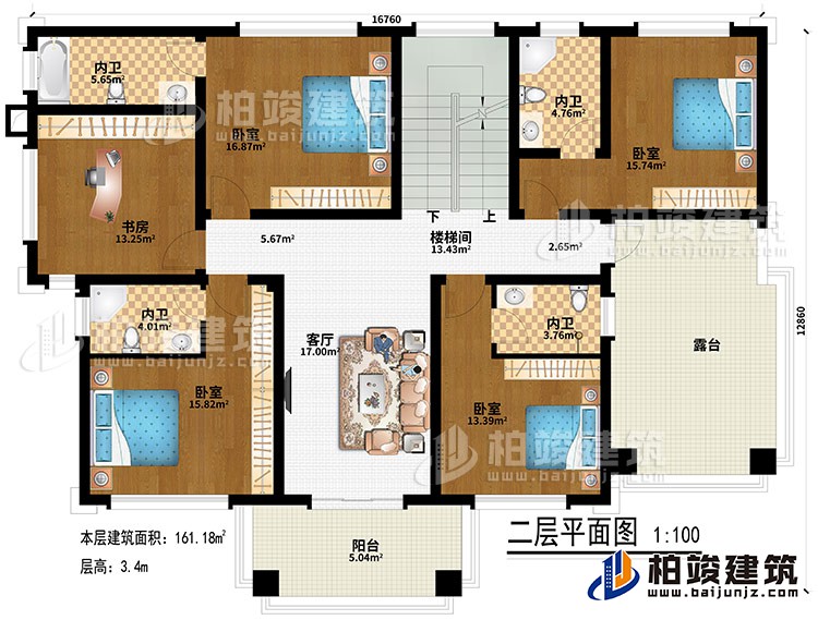 二層：客廳、樓梯間、4臥室、4內(nèi)衛(wèi)、書房、陽臺、露臺